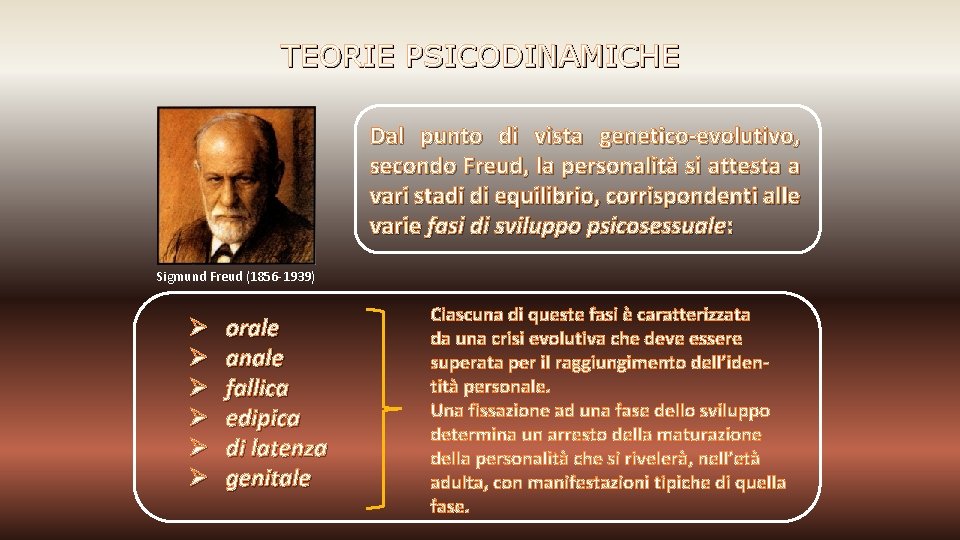 TEORIE PSICODINAMICHE Dal punto di vista genetico-evolutivo, secondo Freud, la personalità si attesta a