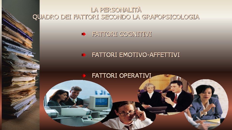 LA PERSONALITÀ QUADRO DEI FATTORI SECONDO LA GRAFOPSICOLOGIA FATTORI COGNITIVI FATTORI EMOTIVO-AFFETTIVI FATTORI OPERATIVI