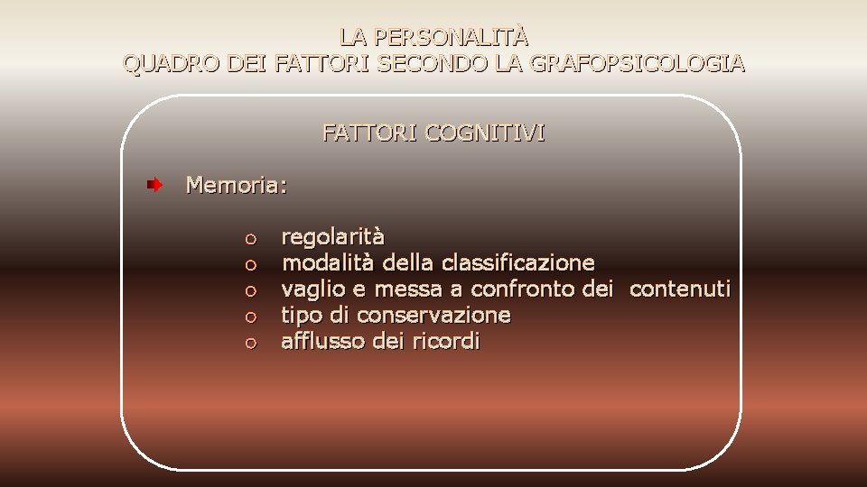 LA PERSONALITÀ QUADRO DEI FATTORI SECONDO LA GRAFOPSICOLOGIA FATTORI COGNITIVI Memoria: o o o