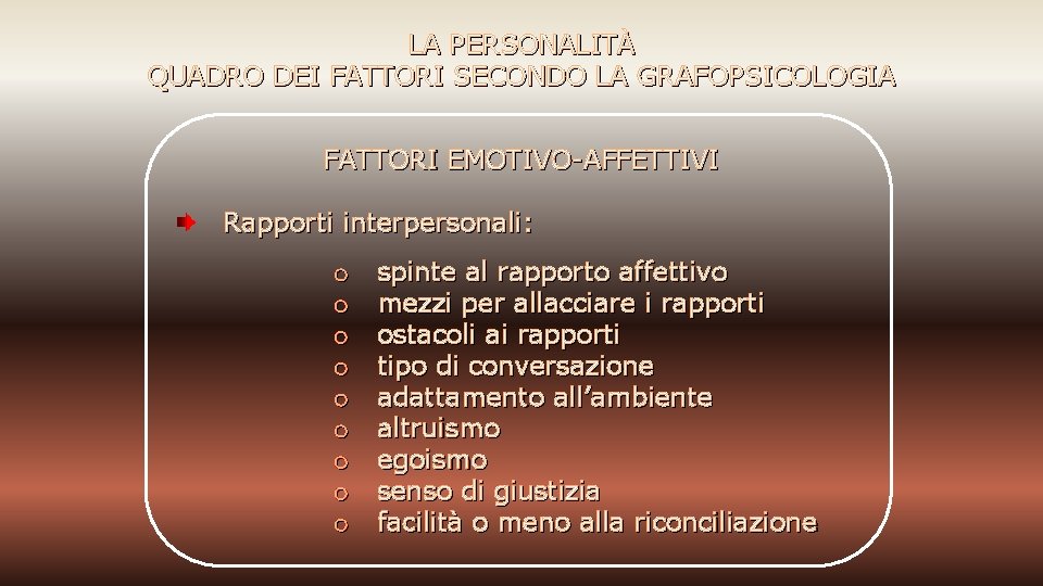 LA PERSONALITÀ QUADRO DEI FATTORI SECONDO LA GRAFOPSICOLOGIA FATTORI EMOTIVO-AFFETTIVI Rapporti interpersonali: o o