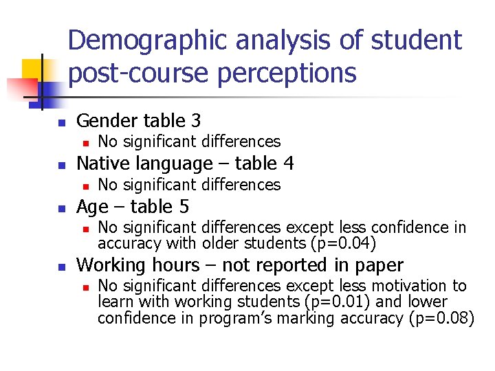 Demographic analysis of student post-course perceptions n Gender table 3 n n Native language