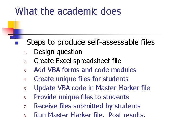 What the academic does n Steps to produce self-assessable files 1. 2. 3. 4.