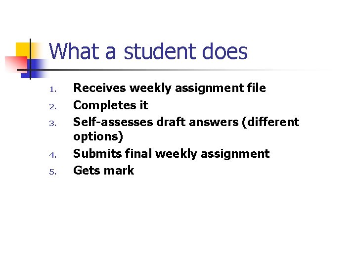 What a student does 1. 2. 3. 4. 5. Receives weekly assignment file Completes