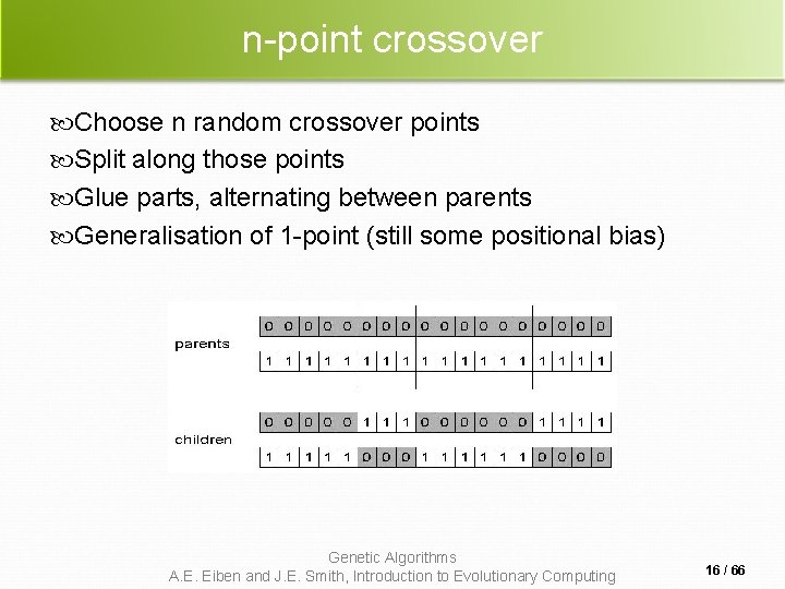 n-point crossover Choose n random crossover points Split along those points Glue parts, alternating n-point crossover Choose n random crossover points Split along those points Glue parts, alternating
