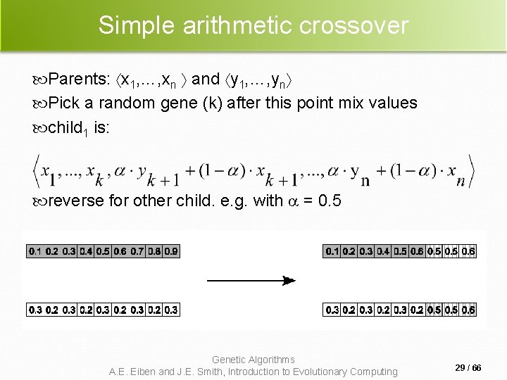 Simple arithmetic crossover Parents: x 1, …, xn and y 1, …, yn Pick Simple arithmetic crossover Parents: x 1, …, xn and y 1, …, yn Pick