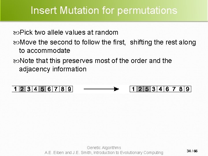 Insert Mutation for permutations Pick two allele values at random Move the second to Insert Mutation for permutations Pick two allele values at random Move the second to