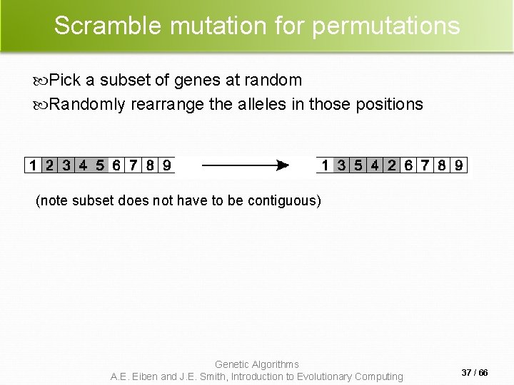 Scramble mutation for permutations Pick a subset of genes at random Randomly rearrange the Scramble mutation for permutations Pick a subset of genes at random Randomly rearrange the