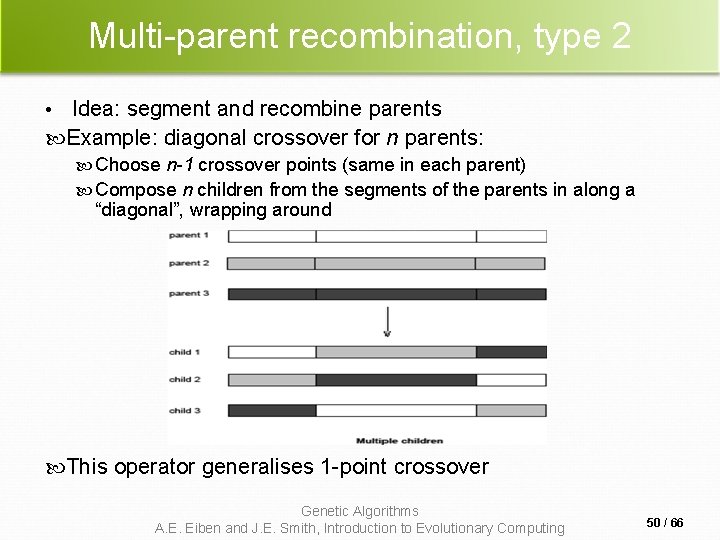 Multi-parent recombination, type 2 Idea: segment and recombine parents Example: diagonal crossover for n Multi-parent recombination, type 2 Idea: segment and recombine parents Example: diagonal crossover for n
