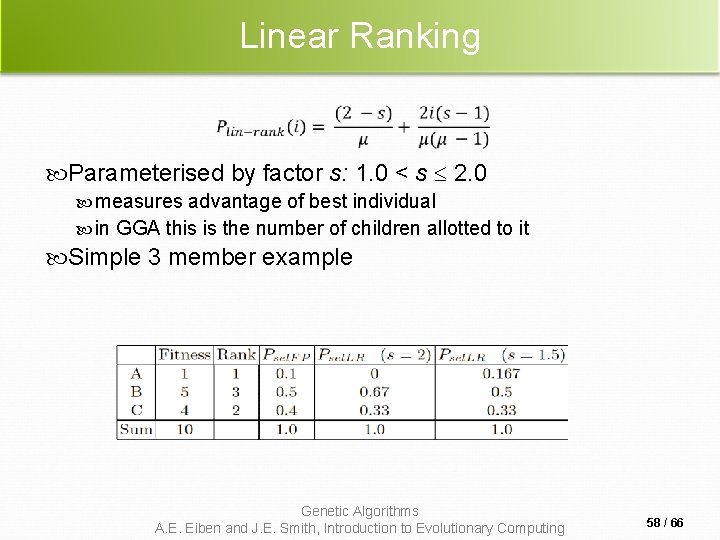 Linear Ranking Parameterised by factor s: 1. 0 < s 2. 0 measures advantage Linear Ranking Parameterised by factor s: 1. 0 < s 2. 0 measures advantage