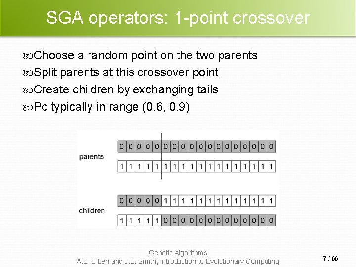 SGA operators: 1 -point crossover Choose a random point on the two parents Split SGA operators: 1 -point crossover Choose a random point on the two parents Split