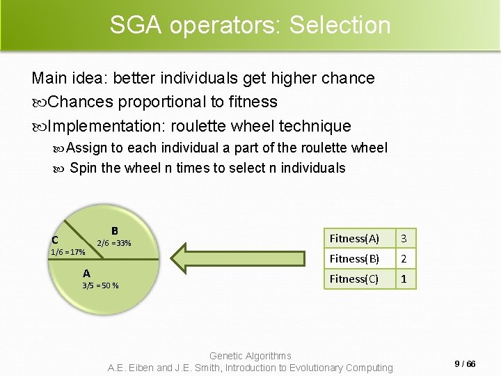 SGA operators: Selection Main idea: better individuals get higher chance Chances proportional to fitness SGA operators: Selection Main idea: better individuals get higher chance Chances proportional to fitness