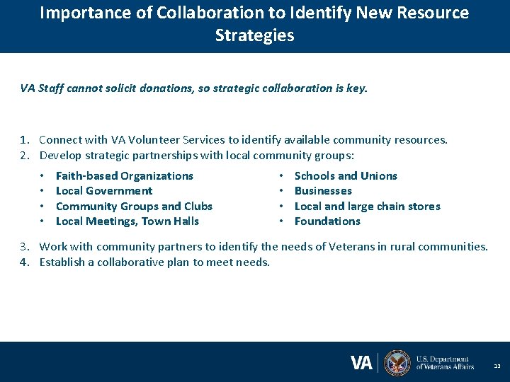 Importance of Collaboration to Identify New Resource Strategies VA Staff cannot solicit donations, so