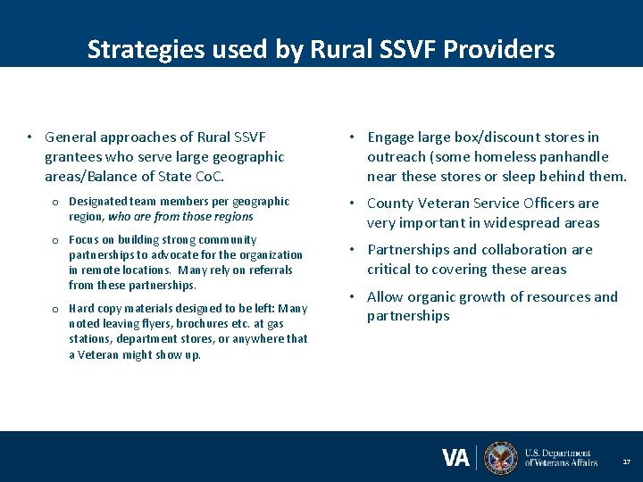 Strategies used by Rural SSVF Providers • General approaches of Rural SSVF grantees who