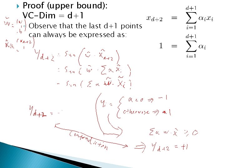  Proof (upper bound): VC-Dim = d+1 ◦ Observe that the last d+1 points