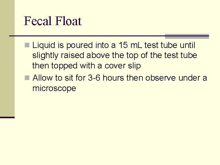 Fecal Float n Liquid is poured into a 15 m. L test tube until