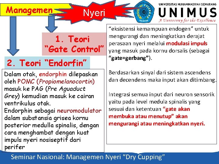 Managemen Nyeri 1. Teori “Gate Control” 2. Teori “Endorfin” Dalam otak, endorphin dilepaskan oleh