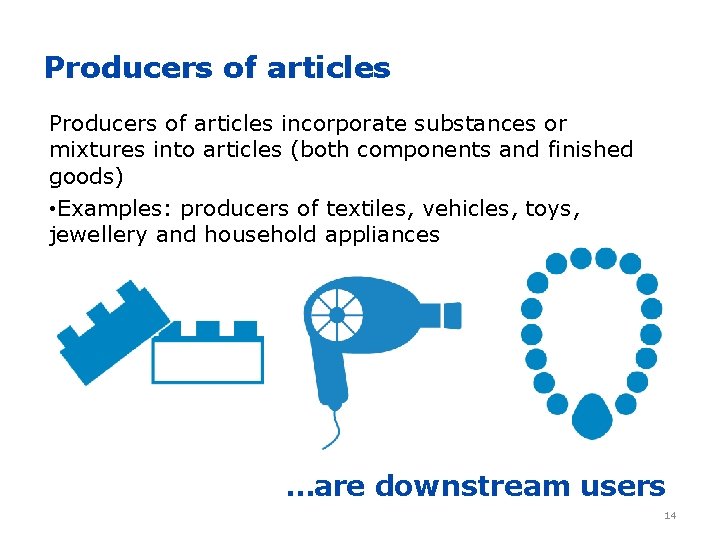 Producers of articles incorporate substances or mixtures into articles (both components and finished goods)