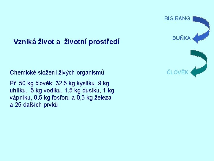 BIG BANG Vzniká život a životní prostředí Chemické složení živých organismů Př. 50 kg