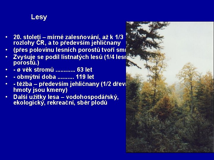 Lesy • 20. století – mírné zalesňování, až k 1/3 rozlohy ČR, a to