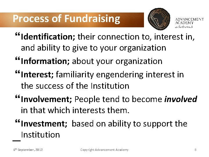 Process of Fundraising Identification; their connection to, interest in, and ability to give to