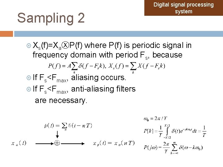 Sampling 2 Xs(f)=XaⓧP(f) Digital signal processing system where P(f) is periodic signal in frequency Sampling 2 Xs(f)=XaⓧP(f) Digital signal processing system where P(f) is periodic signal in frequency
