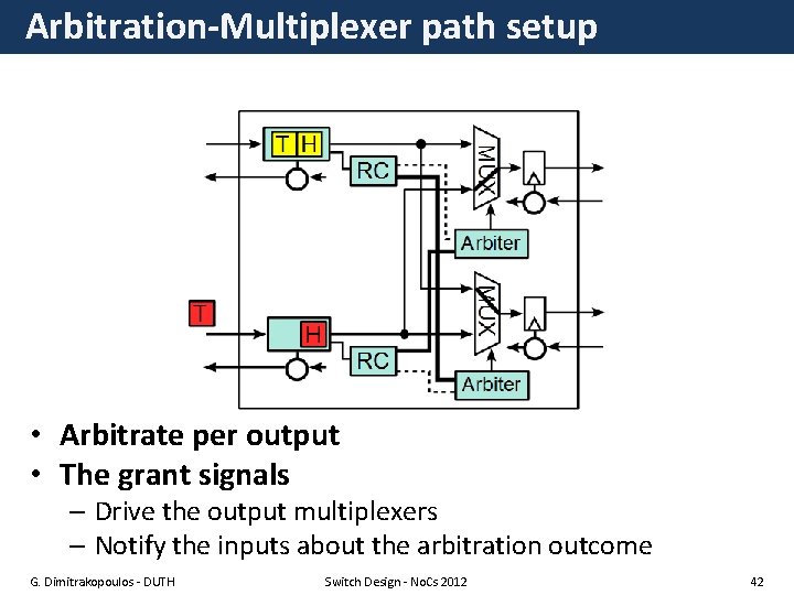 Arbitration-Multiplexer path setup • Arbitrate per output • The grant signals – Drive the