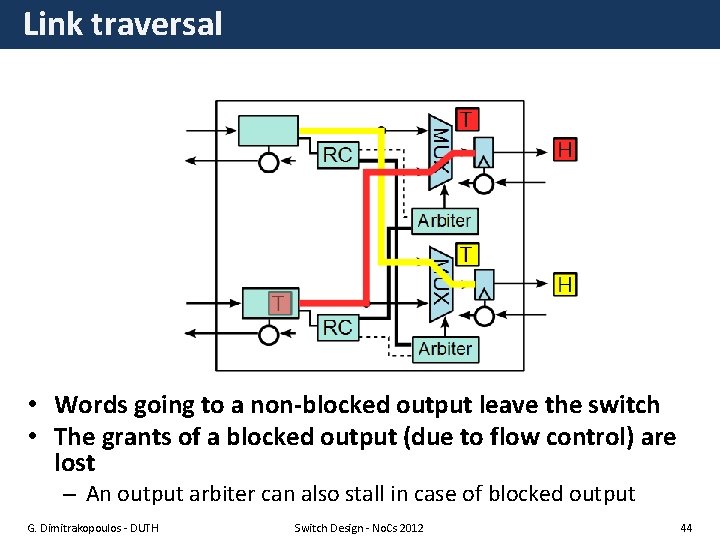 Link traversal • Words going to a non-blocked output leave the switch • The