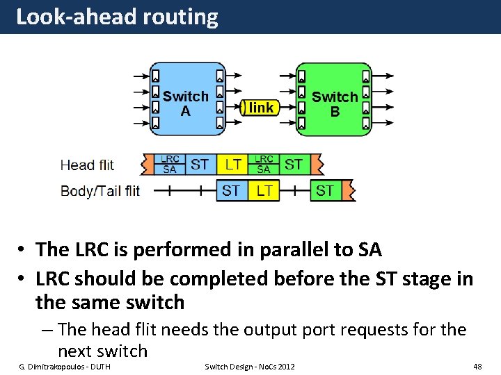 Look-ahead routing • The LRC is performed in parallel to SA • LRC should