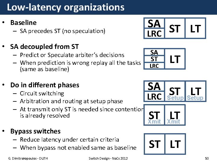 Low-latency organizations • Baseline – SA precedes ST (no speculation) • SA decoupled from