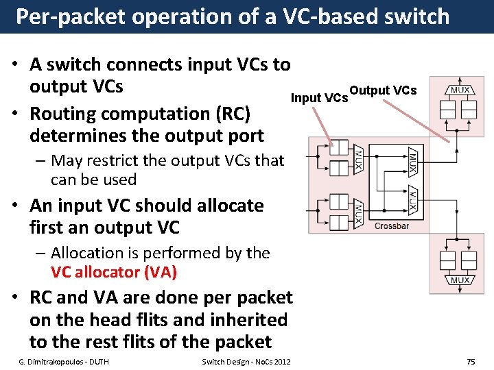 Per-packet operation of a VC-based switch • A switch connects input VCs to output