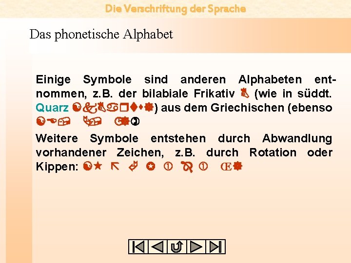 Die Verschriftung der Sprache Das phonetische Alphabet Einige Symbole sind anderen Alphabeten entnommen, z.