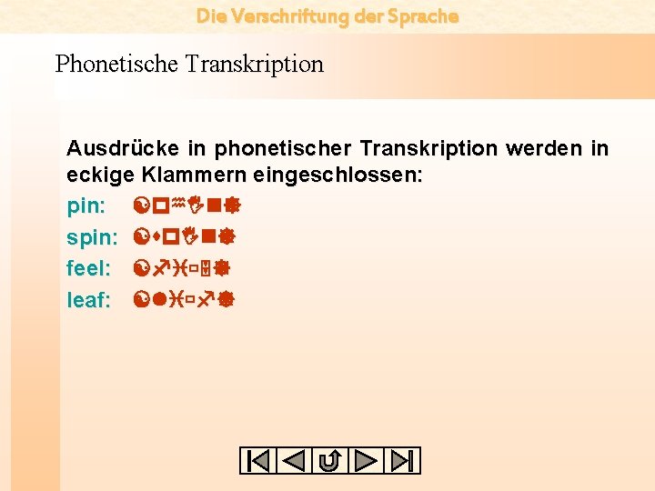 Die Verschriftung der Sprache Phonetische Transkription Ausdrücke in phonetischer Transkription werden in eckige Klammern