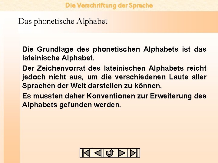 Die Verschriftung der Sprache Das phonetische Alphabet Die Grundlage des phonetischen Alphabets ist das