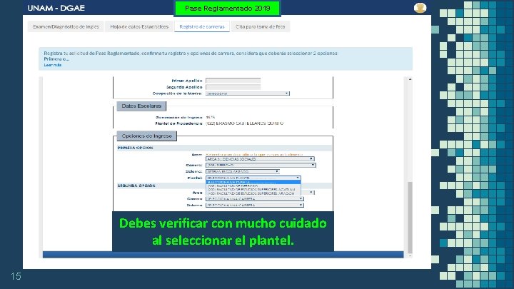 Pase Reglamentado 2019 Debes verificar con mucho cuidado al seleccionar el plantel. 15 