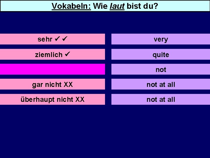 Vokabeln: Wie laut bist du? sehr very ziemlich quite not gar nicht XX not