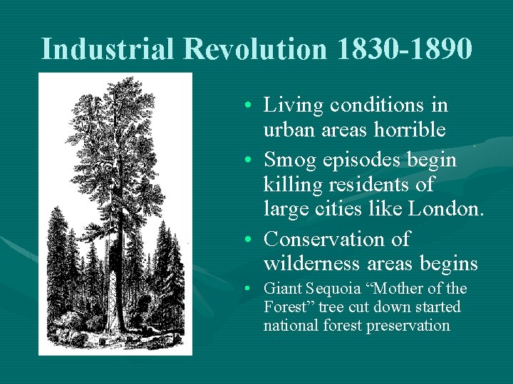 Industrial Revolution 1830 -1890 • Living conditions in urban areas horrible • Smog episodes