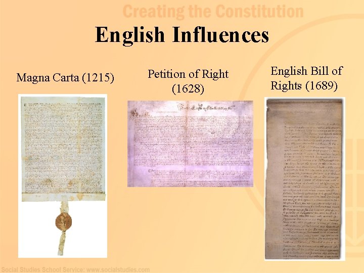 English Influences Magna Carta (1215) Petition of Right (1628) English Bill of Rights (1689)
