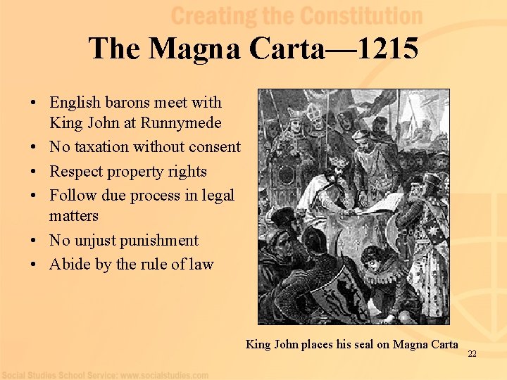 The Magna Carta— 1215 • English barons meet with King John at Runnymede •