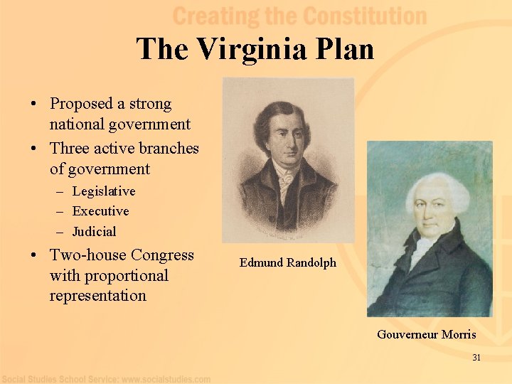 The Virginia Plan • Proposed a strong national government • Three active branches of