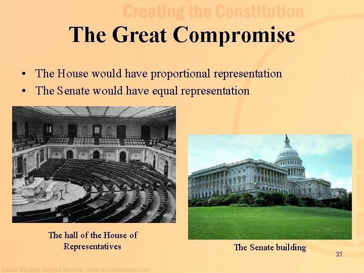 The Great Compromise • The House would have proportional representation • The Senate would