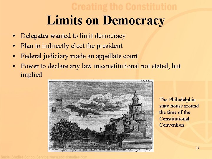 Limits on Democracy • • Delegates wanted to limit democracy Plan to indirectly elect