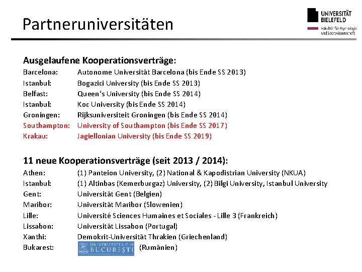 Partneruniversitäten Ausgelaufene Kooperationsverträge: Barcelona: Istanbul: Belfast: Istanbul: Groningen: Southampton: Krakau: Autonome Universität Barcelona (bis