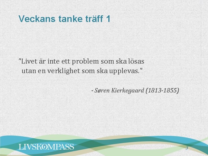 Veckans tanke träff 1 ”Livet är inte ett problem som ska lösas utan en