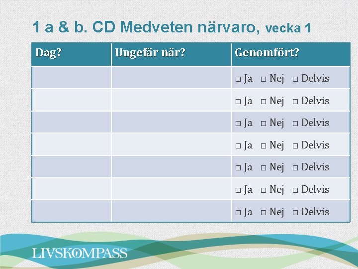 1 a & b. CD Medveten närvaro, vecka 1 Dag? Ungefär när? Genomfört? □