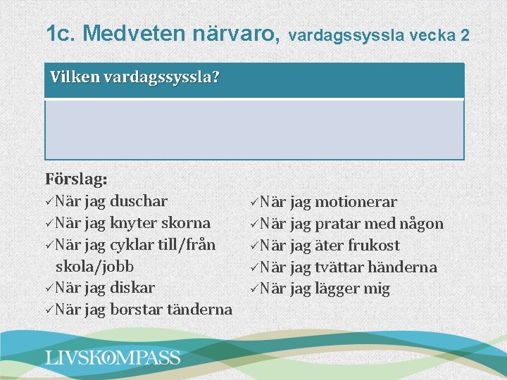 1 c. Medveten närvaro, vardagssyssla vecka 2 Vilken vardagssyssla? Förslag: üNär jag duschar üNär