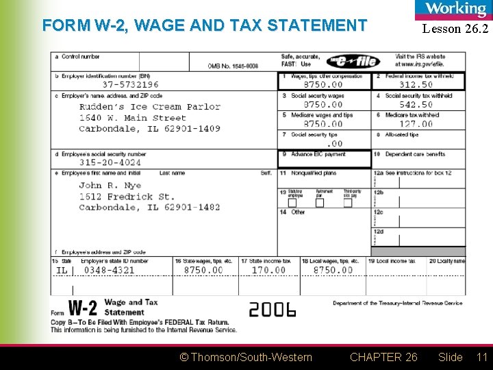 FORM W-2, WAGE AND TAX STATEMENT © Thomson/South-Western CHAPTER 26 Lesson 26. 2 Slide