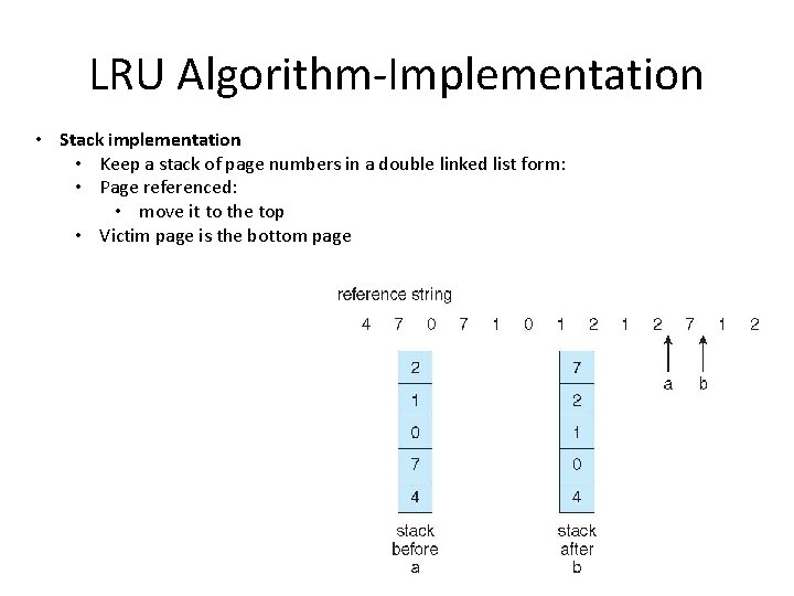 LRU Algorithm-Implementation • Stack implementation • Keep a stack of page numbers in a