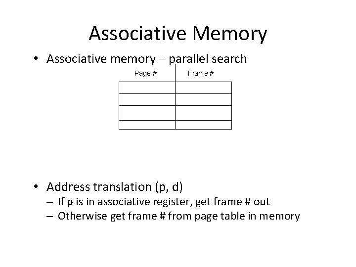 Associative Memory • Associative memory – parallel search Page # • Address translation (p,