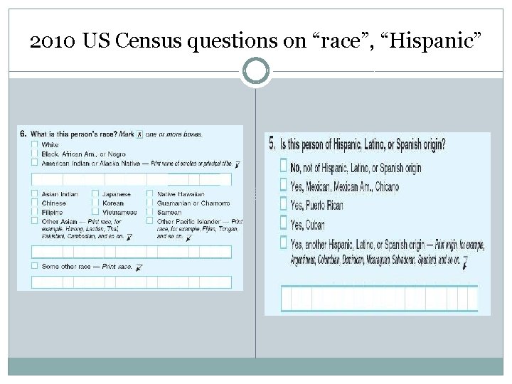 2010 US Census questions on “race”, “Hispanic” 