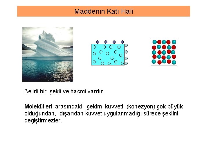 Maddenin Katı Hali Belirli bir şekli ve hacmi vardır. Molekülleri arasındaki çekim kuvveti (kohezyon)